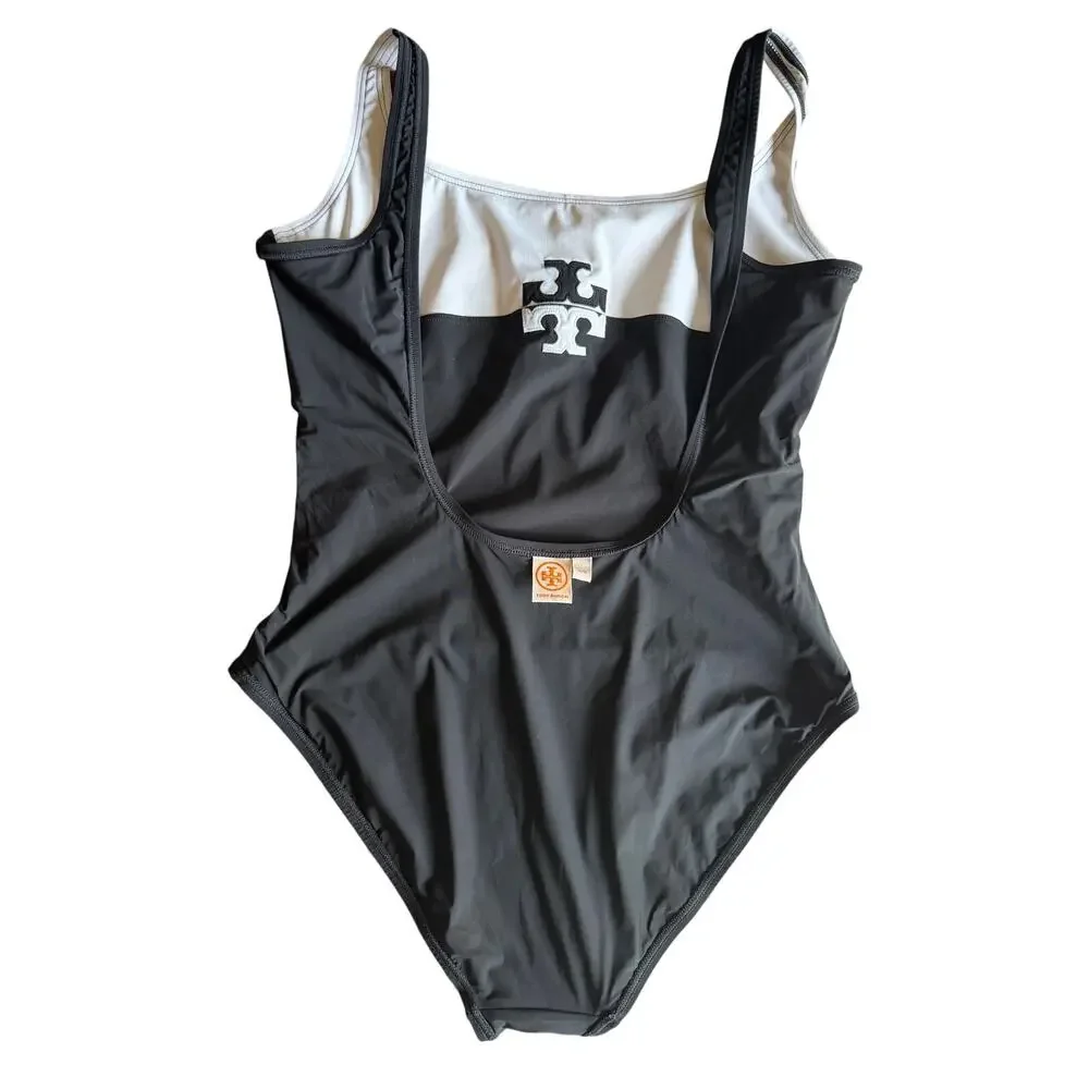 Tory Burch Logo Colorblock One Piece Swimsuit Black White Medium